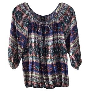 Bobeau Multicolor Blouson Elastic Waist Boho Blouse